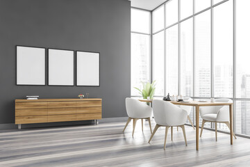 Mockup canvas in grey dining room with table, chairs and commode