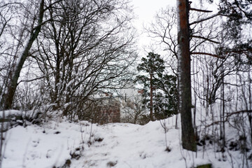 Fototapeta premium View of the Ludwigstein chapel in the Monrepo park on a cloudy January day. Vyborg, Russia. 