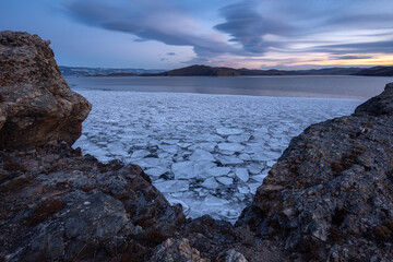 Fototapeta na wymiar December Baikal, view of the Maloe More Strait