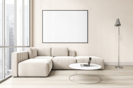 Mockup canvas in light living room with white sofa on parquet floor