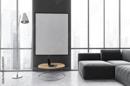 Download Mockup Canvas In Dark Living Room With Black Sofa On Marble Floor Wall Mural Denisismagilov