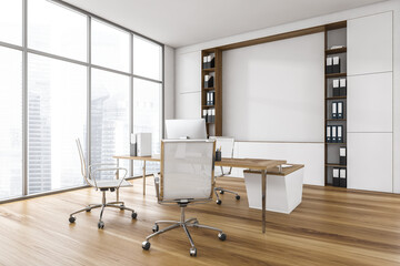 White office room with chairs, table and computer, parquet floor with shelf