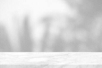 White Marble Table with Tree Shadow on Concrete Wall Texture Background, Suitable for Product Presentation Backdrop, Display, and Mock up.