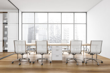 White and wooden conference room with modern furniture and window