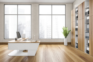 Wooden office room with table and computer, shelf on parquet