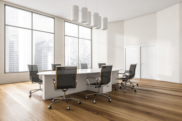White and wooden conference room with modern furniture and window
