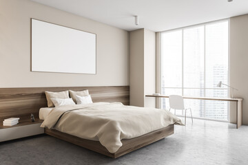 Fototapeta na wymiar Mockup canvas in beige bedroom, bed with linens and desk near window