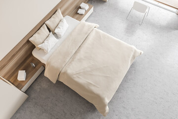 Top view of beige and wooden bedroom, bed with linens on marble floor
