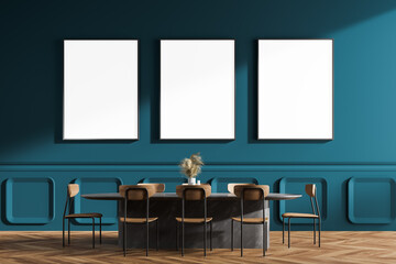 Blue dining room interior with table and posters