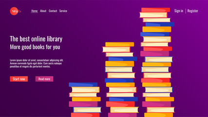 Website design for online learning, library, book store. Stacks of books. Vector illustration for poster, banner, website development.