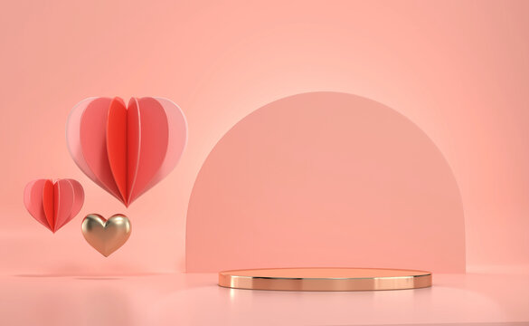 Valentine's day gold stage podium platform with hearts decoration for product showcase 3d render