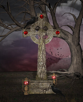 Dark cross with a raven in a violet sky scenery