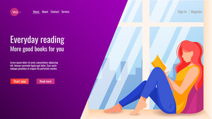 Website design for online learning, library, book store. Woman seating on the windowsill and reading a book. Vector illustration for poster, banner, website development.