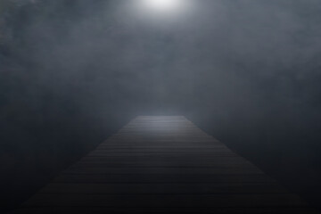 Empty wooden bridge in the winter fog,dark background,interior texture for display products.