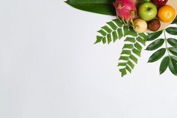 Combination of leaves and fresh fruits. Simple and elegant framing of fruit and leaves. Wallpaper...