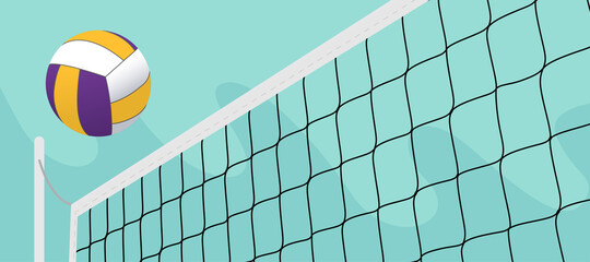 colorful volleyball ball crossing the net in the open field