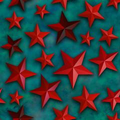 Obraz premium Seamless star pattern, red star on a green background. 3D render, illustration. Festive abstract concept. New year, christmas, textiles, paper