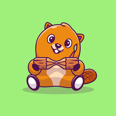 Cute Beaver Holding Wood Cartoon Vector Icon Illustration. Animal Nature Icon Concept Isolated Premium Vector. Flat Cartoon Style © catalyststuff