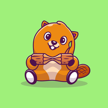 Cute Beaver Holding Wood Cartoon Vector Icon Illustration. Animal Nature Icon Concept Isolated Premium Vector. Flat Cartoon Style