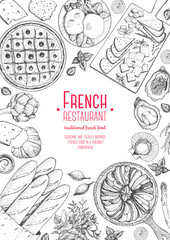 French cuisine top view frame. A set of classic French dishes with bakery, poached eggs, pissaladier, ratatouille, oysters, cheese. Food menu design template. Hand drawn sketch vector illustration.