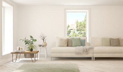 White living room with sofa. Scandinavian interior design. 3D illustration