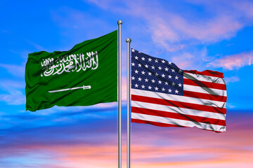 3D illustration of United States of America & Saudi Arabia Flags are waving in the sky with dark clouds