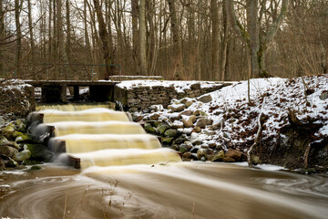 Winter forest waterfall in long exposure