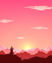 A young guy is praying at the top of the mountain. Landscape with sunset. Silhouettes of mountains. Vector illustration