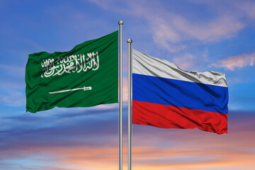 3D Rendering of Saudi Arabia & Russia Flags are Waving in the Sky - 3d illustration