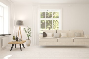 White living room with sofa and summer landscape in window. Scandinavian interior design. 3D illustration