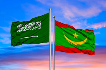 Mauritania flag with Saudi Arabia flag, 3D rendering