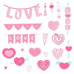 Pink set with hearts and LOVE words. Valentine's day.