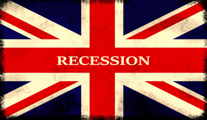 Fototapeta premium UK flag with the word recession - United kingdom recession concept
