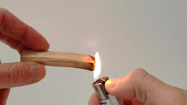 A Palo Santo stick is light up with a lighter. The flame starts to grow on the sitck and is then turned off by shaking the stick. The smoke which is used as air freshner starts to spread around.