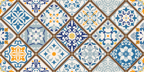 Seamless colorful patchwork tile with Islam, Arabic, Indian, ottoman motifs. Majolica pottery tile. Portuguese and Spain decor. Ceramic tile in talavera style. Vector illustration. - obrazy, fototapety, plakaty