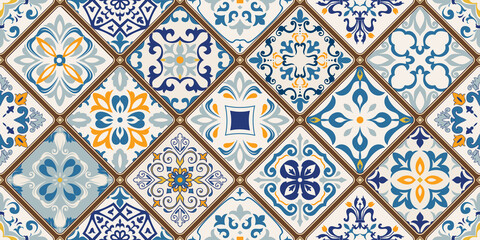 Seamless colorful patchwork tile with Islam, Arabic, Indian, ottoman motifs. Majolica pottery tile. Portuguese and Spain decor. Ceramic tile in talavera style. Vector illustration. - 406434055