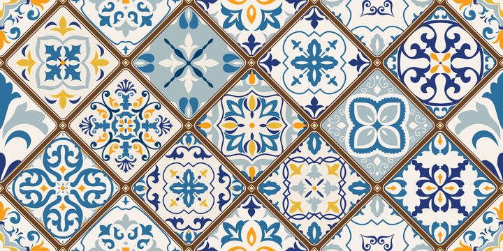 Seamless colorful patchwork tile with Islam, Arabic, Indian, ottoman motifs. Majolica pottery tile. Portuguese and Spain decor. Ceramic tile in talavera style. Vector illustration.