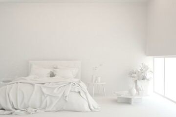 Grey modern bedroom. Scandinavian interior design. 3D illustration