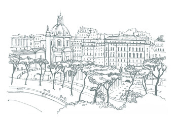 Liner sketches architecture of Rome Italy, hand drawing sketch, graphic illustration. Urban sketch in black color isolated on white background. Hand drawn travel postcard. Travel sketch.