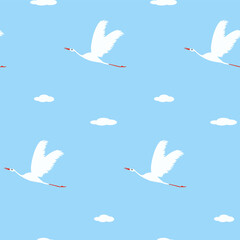 Pattern - flying cranes, clouds - vector. Spring mood. Bird life.