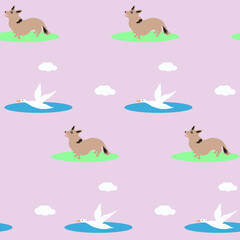 Pattern - flying wild ducks, clouds, little corgi looks at birds - vector. Spring mood. Life of animals .