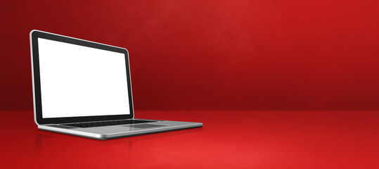 Laptop computer on red office scene background banner