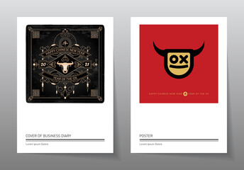 Happy New Year, 2021 the year of the Ox. Set of Posters for chinese new year 20 21. Hieroglyph translation: Ox. Illustration with a stylized bull and lettering.