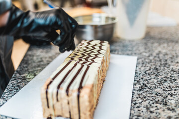 Professional confectioner decorating delicious cake in pastry shop. Sweets production and industry concept.