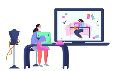 Dressmaker or Seamstress Work with Sewing Machine and Mannequin in Atelier or Home.Online Courses Sewing.Dressmaker Sewing to Order at Home during Coronavirus in Medical Mask.Flat Vector Illustration