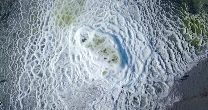 An aerial shot of the mysterious Maribilite formations that were first discovered in 2019 on the shores of the Great Salt Lake. This footage was captured in 2021.