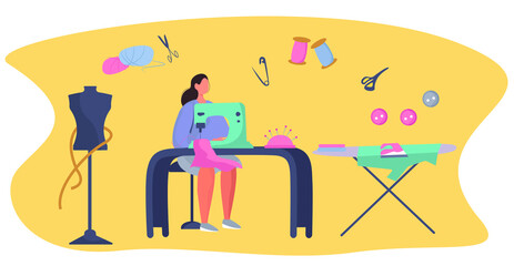 Dressmaker or Seamstress Work with Sewing Machine and Mannequin in Atelier or Home.Professional Tailor or Fashion Designer.Ironing Cloth.Sewing to Order at Home during Coronavirus.Vector Illustration