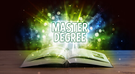 MASTER DEGREE inscription coming out from an open book, educational concept