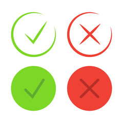 Check mark icons. Thin line. Symbols of approving and declining. Check tick in green color and reject symbol in red color. Vector
