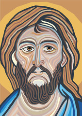 Jesus Christ's face, in style of old bizantine mosaics. It looks like the Pantokrator mosaics present in Sicily (Monreale's Cathedral, or Cefalù in Palermo province, Italy).